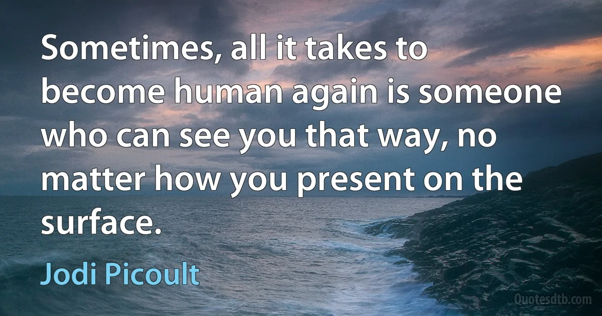 Sometimes, all it takes to become human again is someone who can see you that way, no matter how you present on the surface. (Jodi Picoult)