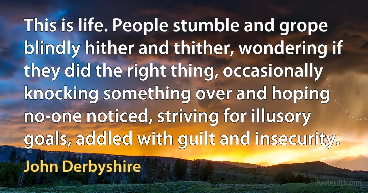 This is life. People stumble and grope blindly hither and thither, wondering if they did the right thing, occasionally knocking something over and hoping no-one noticed, striving for illusory goals, addled with guilt and insecurity. (John Derbyshire)