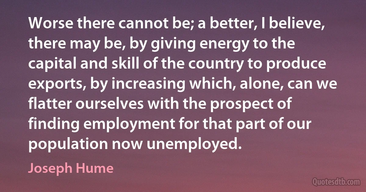 Worse there cannot be; a better, I believe, there may be, by giving energy to the capital and skill of the country to produce exports, by increasing which, alone, can we flatter ourselves with the prospect of finding employment for that part of our population now unemployed. (Joseph Hume)