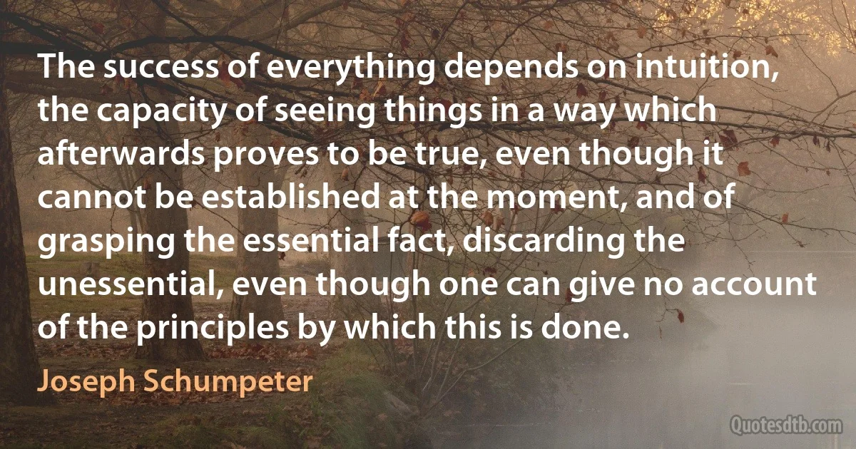 The success of everything depends on intuition, the capacity of seeing things in a way which afterwards proves to be true, even though it cannot be established at the moment, and of grasping the essential fact, discarding the unessential, even though one can give no account of the principles by which this is done. (Joseph Schumpeter)