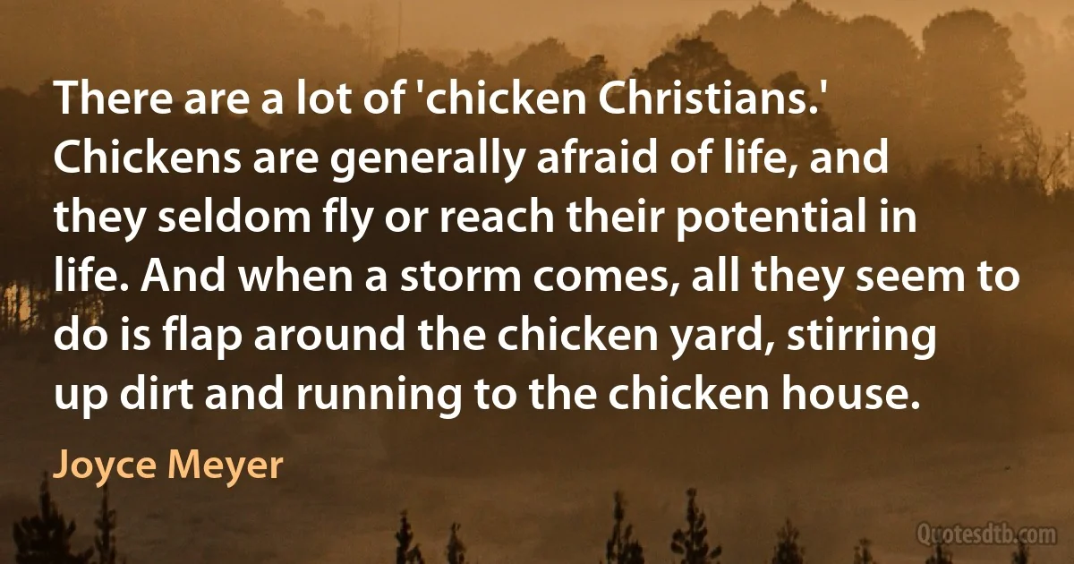 There are a lot of 'chicken Christians.' Chickens are generally afraid of life, and they seldom fly or reach their potential in life. And when a storm comes, all they seem to do is flap around the chicken yard, stirring up dirt and running to the chicken house. (Joyce Meyer)