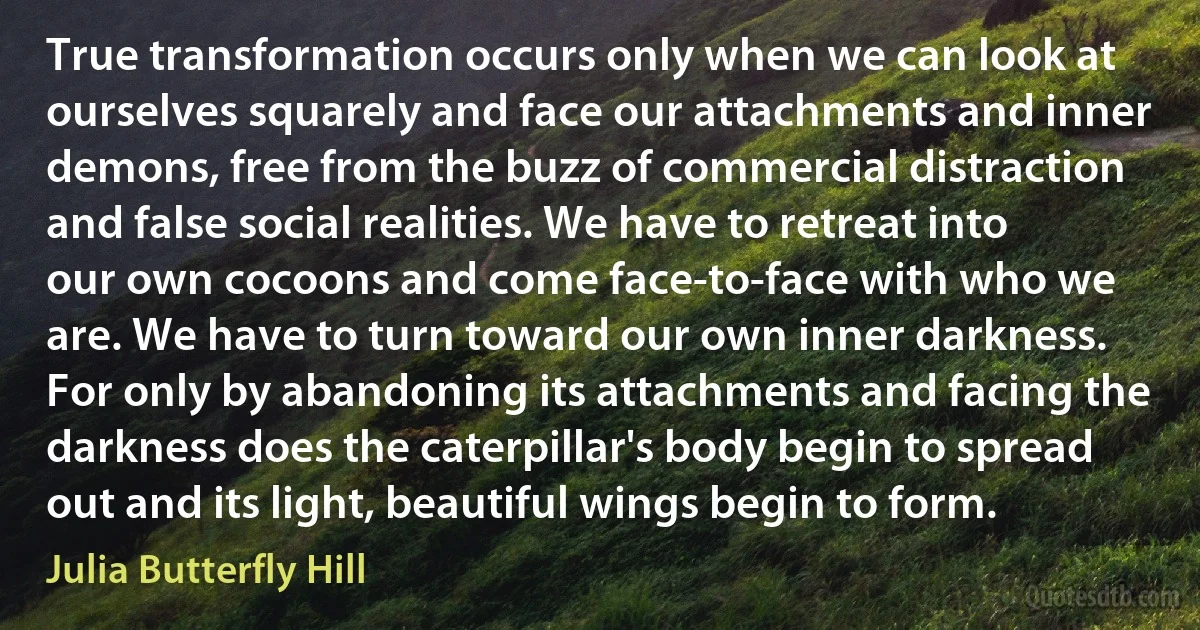 True transformation occurs only when we can look at ourselves squarely and face our attachments and inner demons, free from the buzz of commercial distraction and false social realities. We have to retreat into our own cocoons and come face-to-face with who we are. We have to turn toward our own inner darkness. For only by abandoning its attachments and facing the darkness does the caterpillar's body begin to spread out and its light, beautiful wings begin to form. (Julia Butterfly Hill)