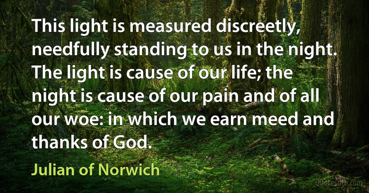 This light is measured discreetly, needfully standing to us in the night. The light is cause of our life; the night is cause of our pain and of all our woe: in which we earn meed and thanks of God. (Julian of Norwich)