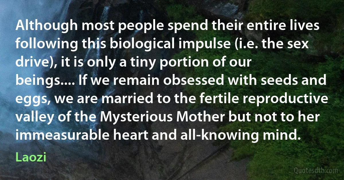 Although most people spend their entire lives following this biological impulse (i.e. the sex drive), it is only a tiny portion of our beings.... If we remain obsessed with seeds and eggs, we are married to the fertile reproductive valley of the Mysterious Mother but not to her immeasurable heart and all-knowing mind. (Laozi)