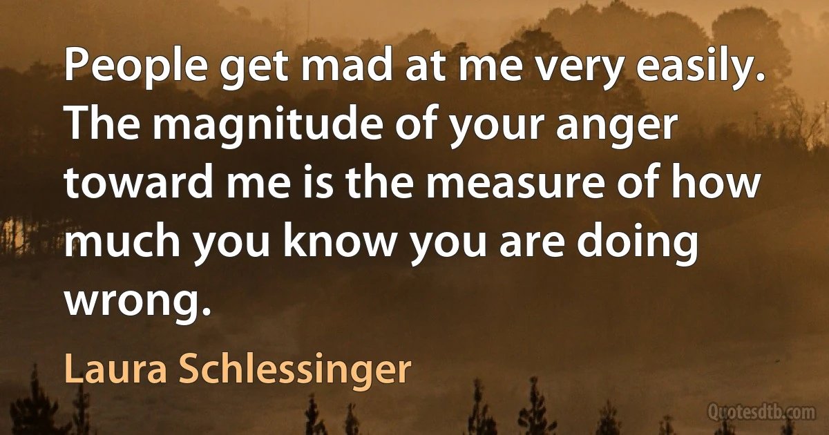 People get mad at me very easily. The magnitude of your anger toward me is the measure of how much you know you are doing wrong. (Laura Schlessinger)