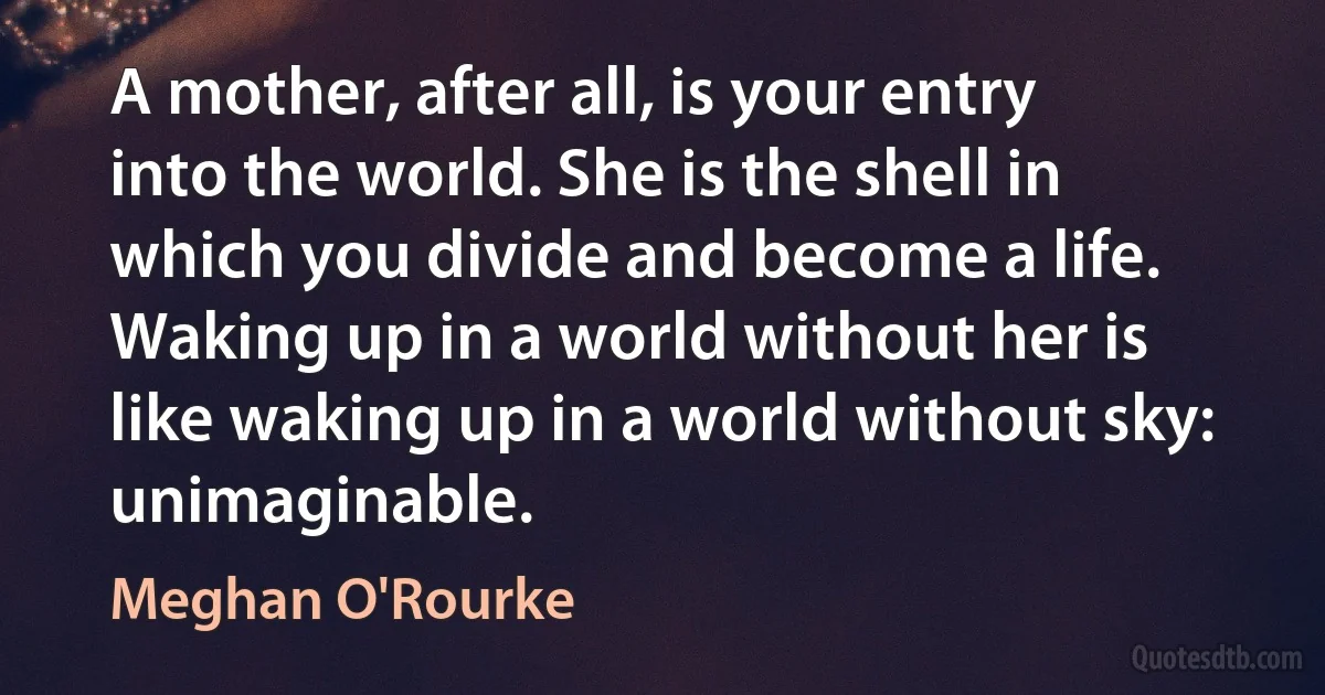 A mother, after all, is your entry into the world. She is the shell in which you divide and become a life. Waking up in a world without her is like waking up in a world without sky: unimaginable. (Meghan O'Rourke)