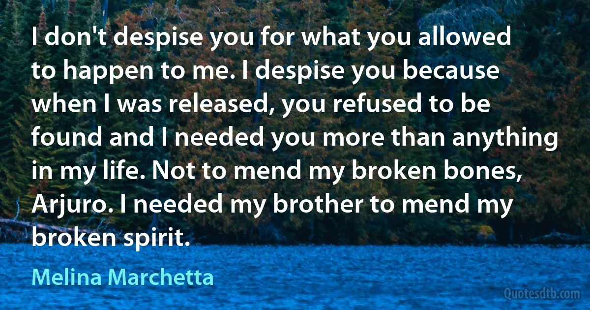 I don't despise you for what you allowed to happen to me. I despise you because when I was released, you refused to be found and I needed you more than anything in my life. Not to mend my broken bones, Arjuro. I needed my brother to mend my broken spirit. (Melina Marchetta)