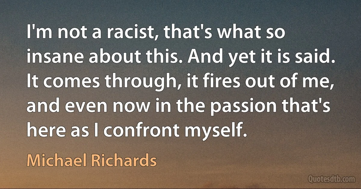 I'm not a racist, that's what so insane about this. And yet it is said. It comes through, it fires out of me, and even now in the passion that's here as I confront myself. (Michael Richards)