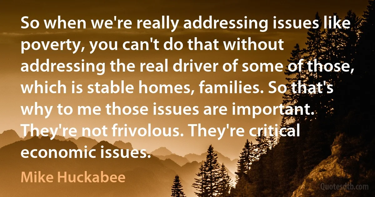 So when we're really addressing issues like poverty, you can't do that without addressing the real driver of some of those, which is stable homes, families. So that's why to me those issues are important. They're not frivolous. They're critical economic issues. (Mike Huckabee)