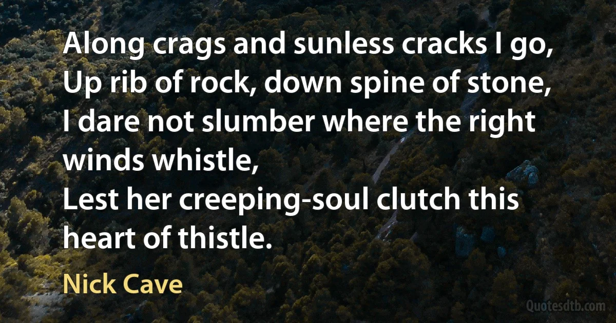 Along crags and sunless cracks I go,
Up rib of rock, down spine of stone,
I dare not slumber where the right winds whistle,
Lest her creeping-soul clutch this heart of thistle. (Nick Cave)