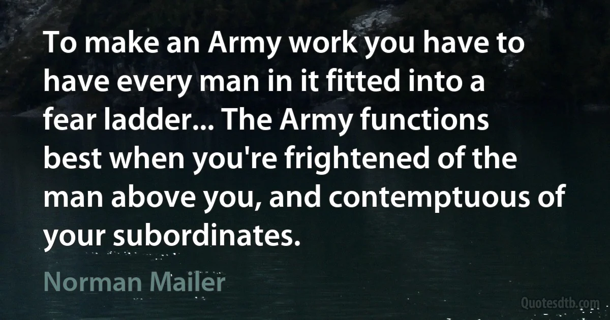 To make an Army work you have to have every man in it fitted into a fear ladder... The Army functions best when you're frightened of the man above you, and contemptuous of your subordinates. (Norman Mailer)