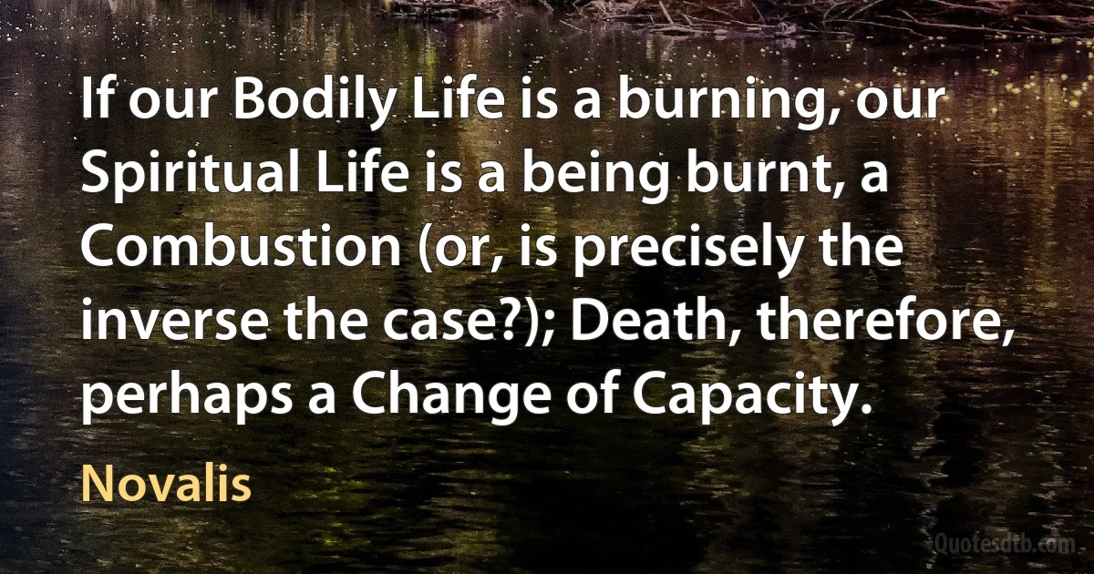 If our Bodily Life is a burning, our Spiritual Life is a being burnt, a Combustion (or, is precisely the inverse the case?); Death, therefore, perhaps a Change of Capacity. (Novalis)