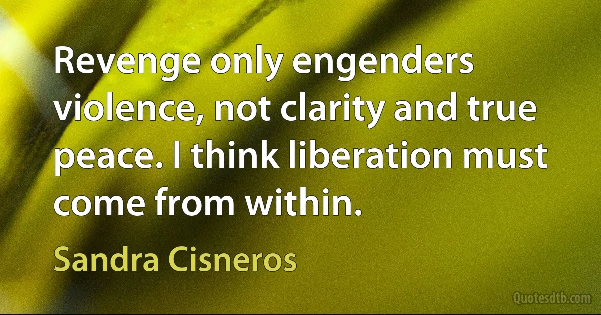 Revenge only engenders violence, not clarity and true peace. I think liberation must come from within. (Sandra Cisneros)