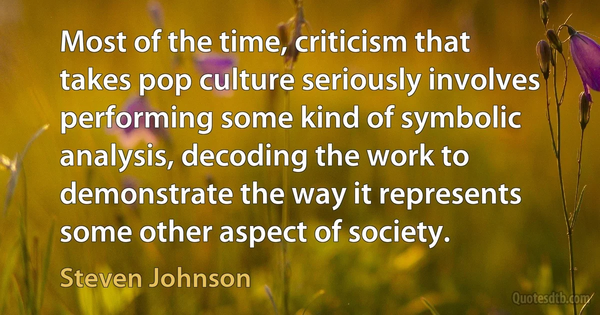 Most of the time, criticism that takes pop culture seriously involves performing some kind of symbolic analysis, decoding the work to demonstrate the way it represents some other aspect of society. (Steven Johnson)