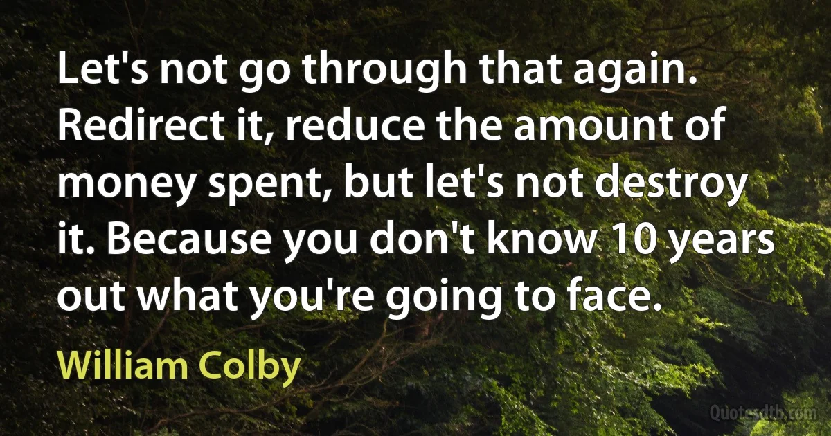 Let's not go through that again. Redirect it, reduce the amount of money spent, but let's not destroy it. Because you don't know 10 years out what you're going to face. (William Colby)