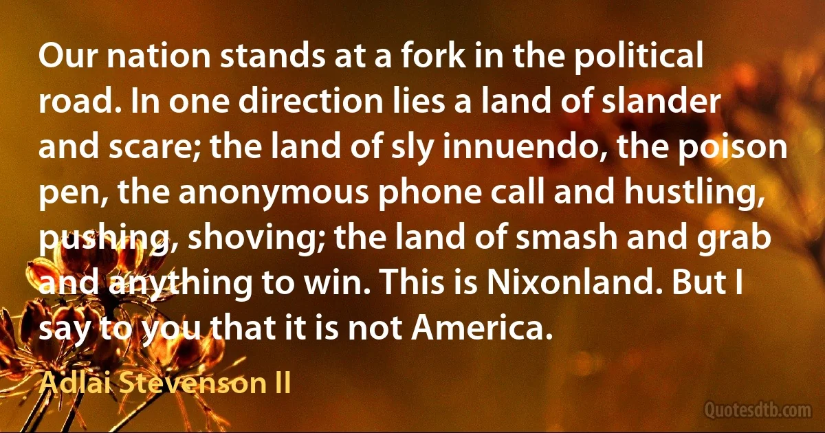 Our nation stands at a fork in the political road. In one direction lies a land of slander and scare; the land of sly innuendo, the poison pen, the anonymous phone call and hustling, pushing, shoving; the land of smash and grab and anything to win. This is Nixonland. But I say to you that it is not America. (Adlai Stevenson II)