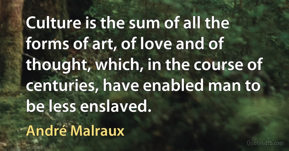 Culture is the sum of all the forms of art, of love and of thought, which, in the course of centuries, have enabled man to be less enslaved. (André Malraux)