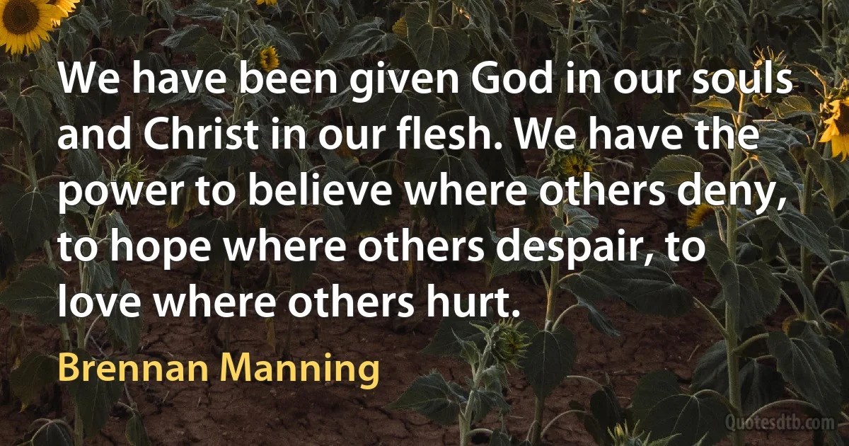 We have been given God in our souls and Christ in our flesh. We have the power to believe where others deny, to hope where others despair, to love where others hurt. (Brennan Manning)