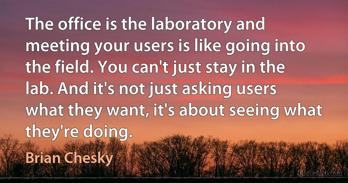 The office is the laboratory and meeting your users is like going into the field. You can't just stay in the lab. And it's not just asking users what they want, it's about seeing what they're doing. (Brian Chesky)