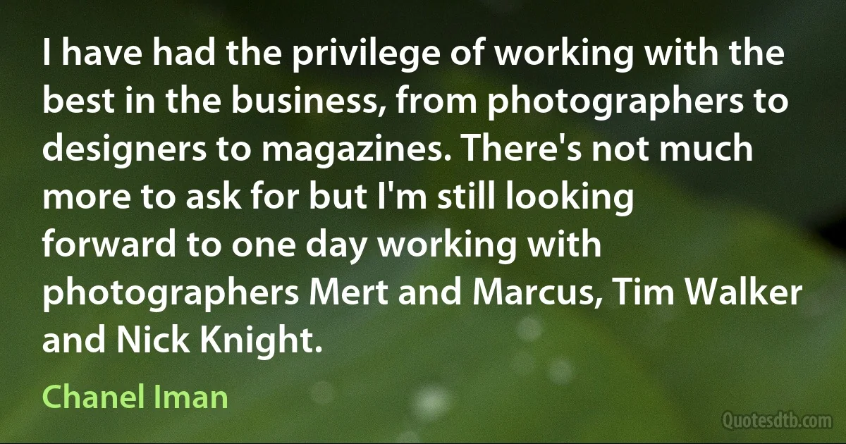 I have had the privilege of working with the best in the business, from photographers to designers to magazines. There's not much more to ask for but I'm still looking forward to one day working with photographers Mert and Marcus, Tim Walker and Nick Knight. (Chanel Iman)