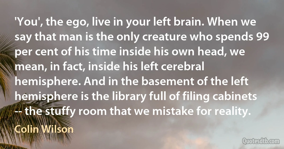 'You', the ego, live in your left brain. When we say that man is the only creature who spends 99 per cent of his time inside his own head, we mean, in fact, inside his left cerebral hemisphere. And in the basement of the left hemisphere is the library full of filing cabinets -- the stuffy room that we mistake for reality. (Colin Wilson)