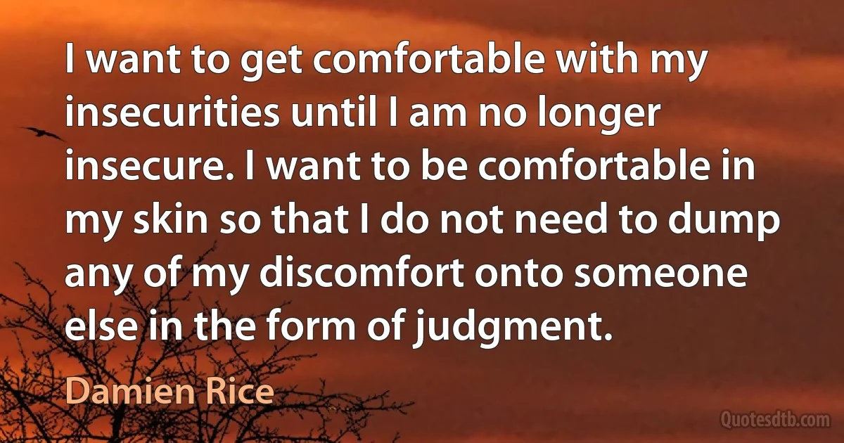 I want to get comfortable with my insecurities until I am no longer insecure. I want to be comfortable in my skin so that I do not need to dump any of my discomfort onto someone else in the form of judgment. (Damien Rice)