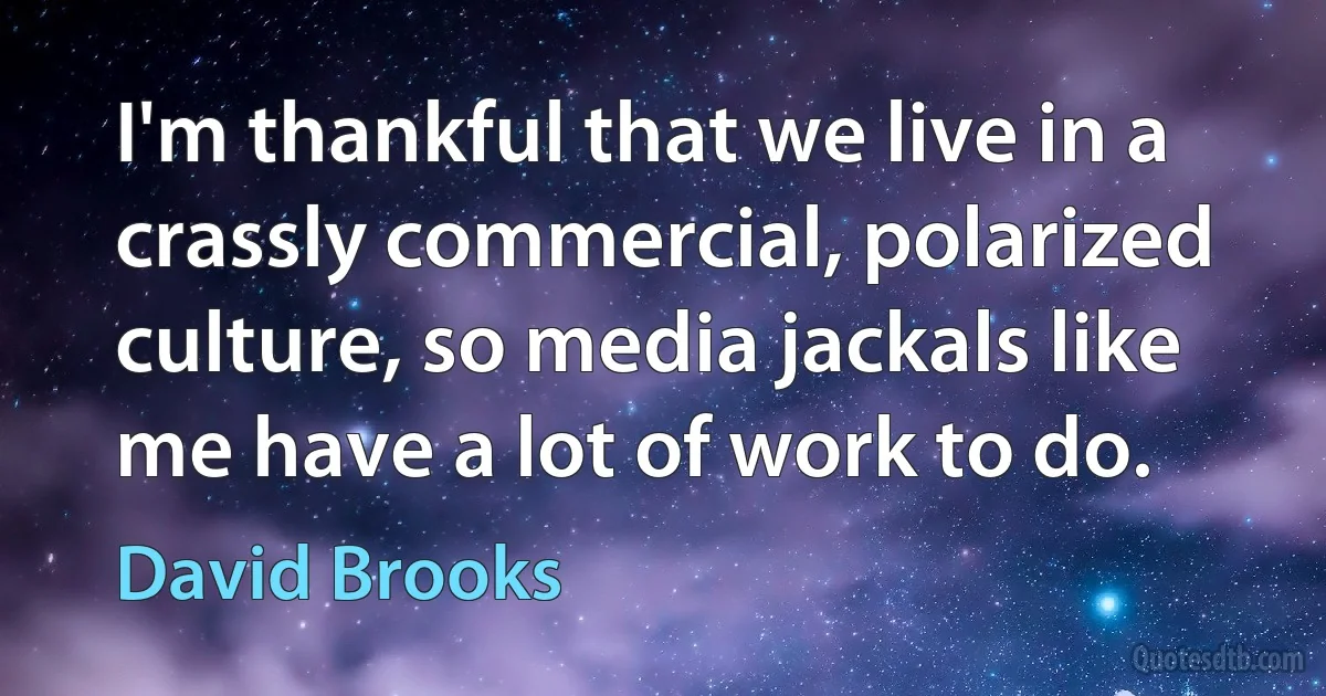 I'm thankful that we live in a crassly commercial, polarized culture, so media jackals like me have a lot of work to do. (David Brooks)