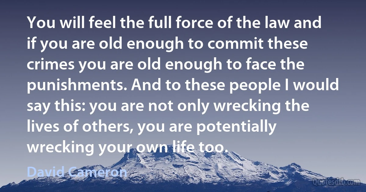 You will feel the full force of the law and if you are old enough to commit these crimes you are old enough to face the punishments. And to these people I would say this: you are not only wrecking the lives of others, you are potentially wrecking your own life too. (David Cameron)