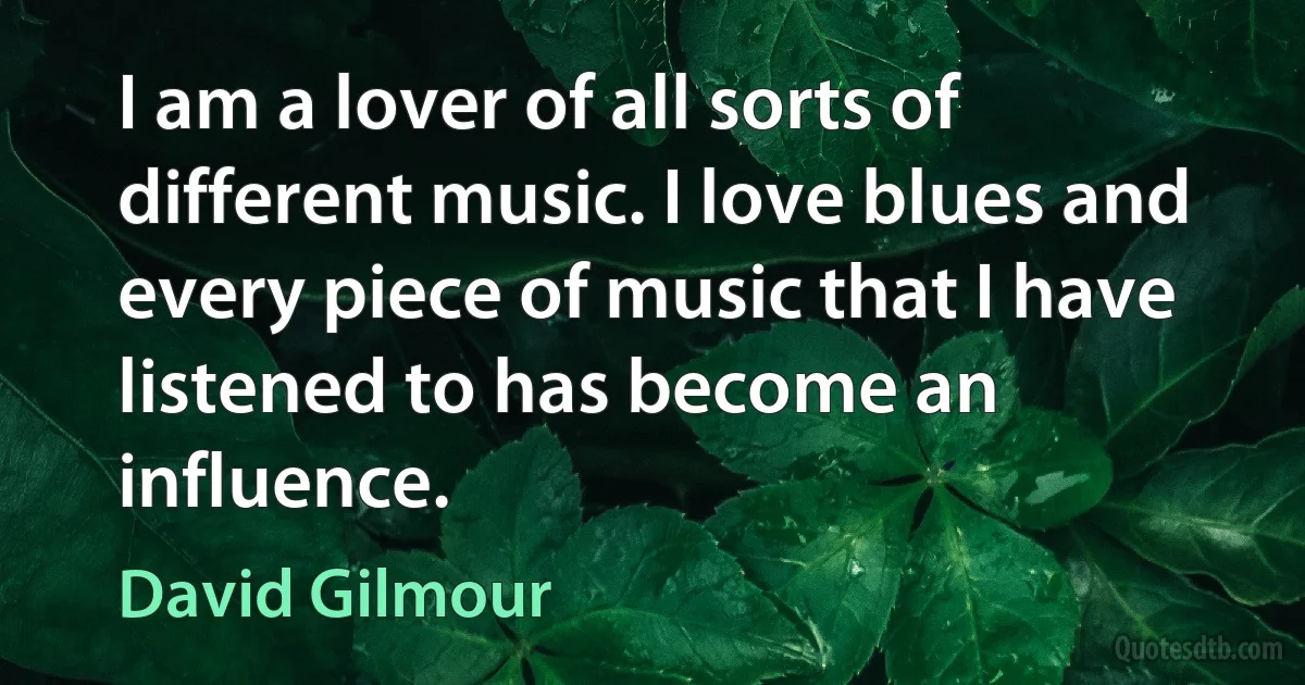 I am a lover of all sorts of different music. I love blues and every piece of music that I have listened to has become an influence. (David Gilmour)