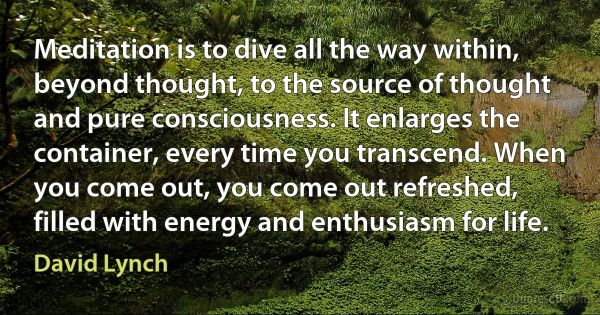 Meditation is to dive all the way within, beyond thought, to the source of thought and pure consciousness. It enlarges the container, every time you transcend. When you come out, you come out refreshed, filled with energy and enthusiasm for life. (David Lynch)