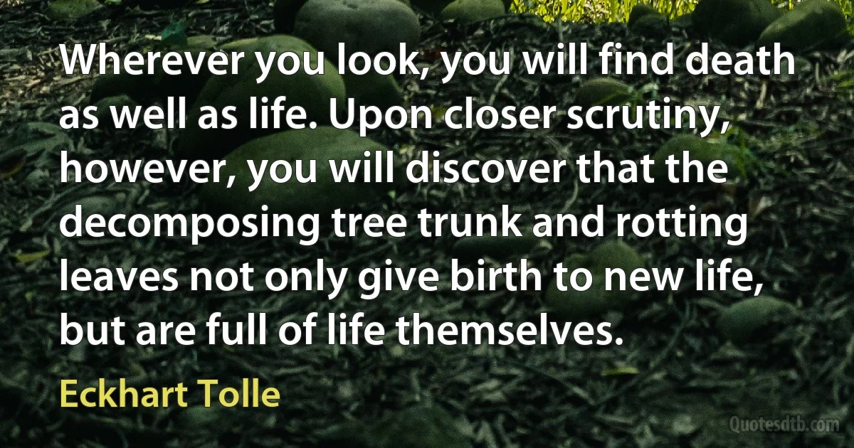 Wherever you look, you will find death as well as life. Upon closer scrutiny, however, you will discover that the decomposing tree trunk and rotting leaves not only give birth to new life, but are full of life themselves. (Eckhart Tolle)