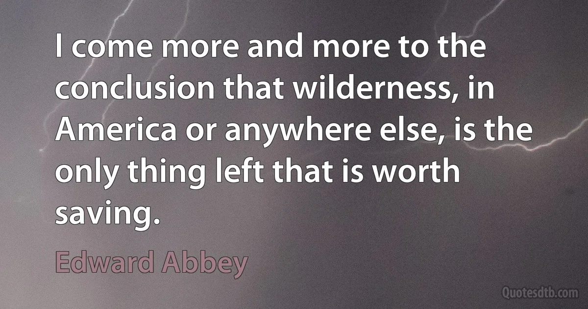 I come more and more to the conclusion that wilderness, in America or anywhere else, is the only thing left that is worth saving. (Edward Abbey)