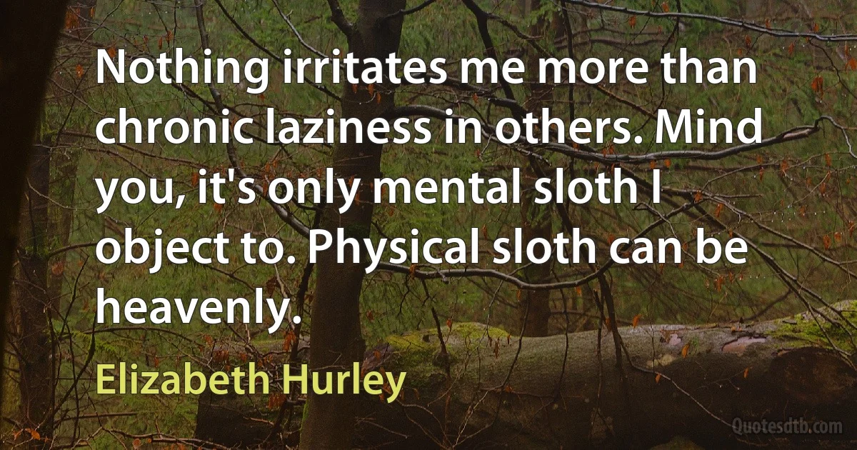 Nothing irritates me more than chronic laziness in others. Mind you, it's only mental sloth I object to. Physical sloth can be heavenly. (Elizabeth Hurley)