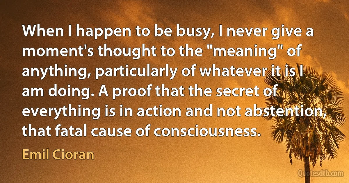 When I happen to be busy, I never give a moment's thought to the "meaning" of anything, particularly of whatever it is I am doing. A proof that the secret of everything is in action and not abstention, that fatal cause of consciousness. (Emil Cioran)