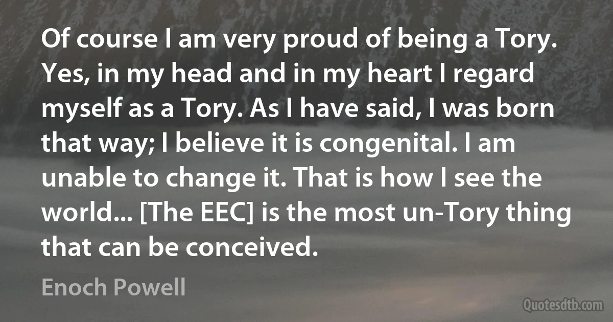 Of course I am very proud of being a Tory. Yes, in my head and in my heart I regard myself as a Tory. As I have said, I was born that way; I believe it is congenital. I am unable to change it. That is how I see the world... [The EEC] is the most un-Tory thing that can be conceived. (Enoch Powell)