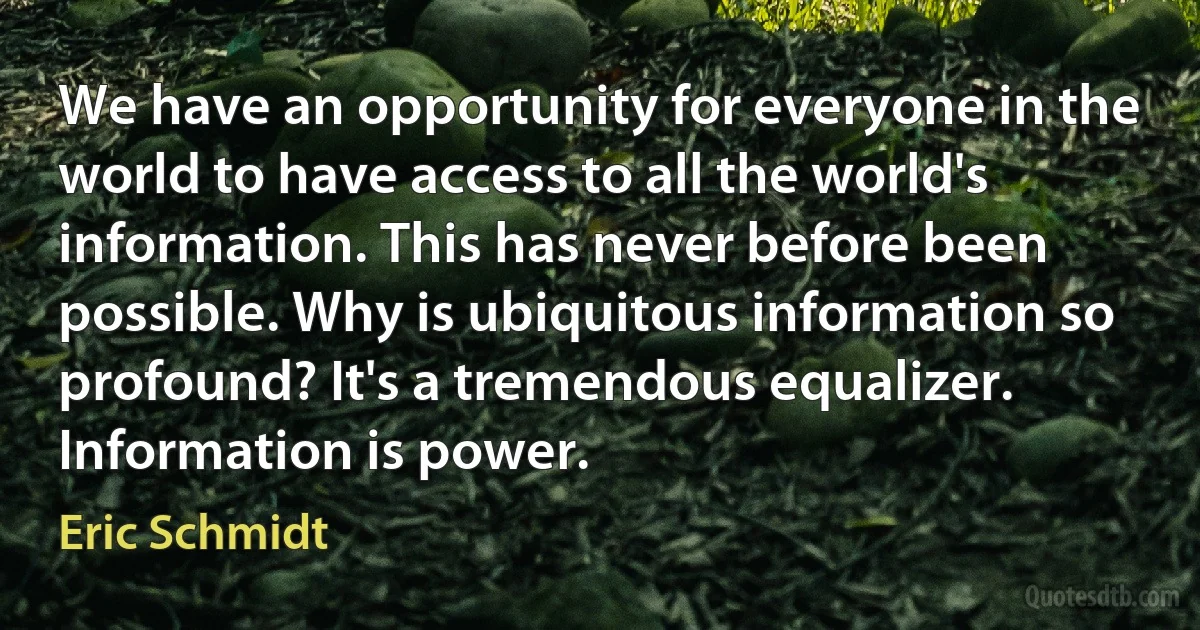 We have an opportunity for everyone in the world to have access to all the world's information. This has never before been possible. Why is ubiquitous information so profound? It's a tremendous equalizer. Information is power. (Eric Schmidt)