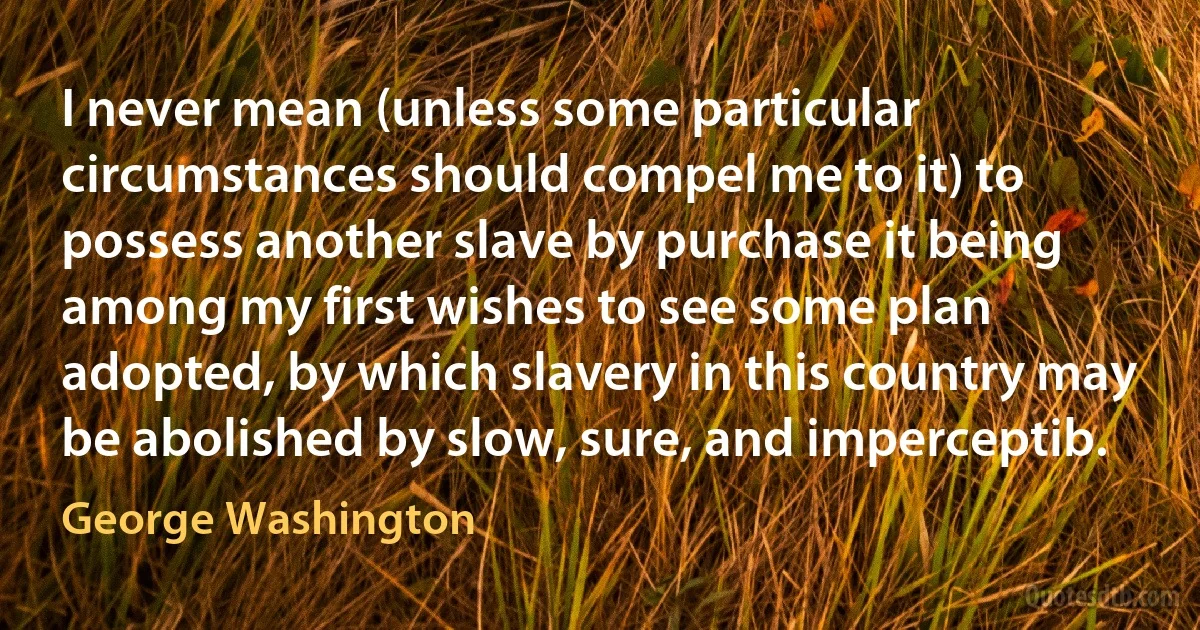 I never mean (unless some particular circumstances should compel me to it) to possess another slave by purchase it being among my first wishes to see some plan adopted, by which slavery in this country may be abolished by slow, sure, and imperceptib. (George Washington)