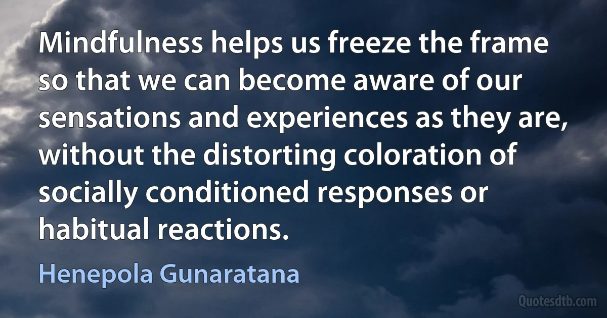 Mindfulness helps us freeze the frame so that we can become aware of our sensations and experiences as they are, without the distorting coloration of socially conditioned responses or habitual reactions. (Henepola Gunaratana)