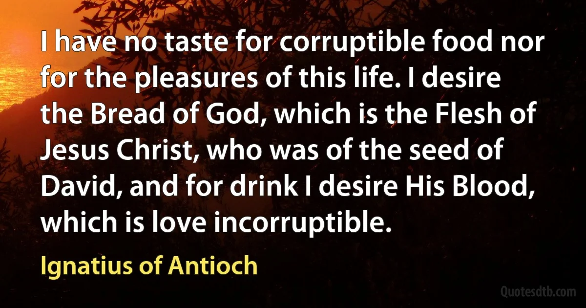 I have no taste for corruptible food nor for the pleasures of this life. I desire the Bread of God, which is the Flesh of Jesus Christ, who was of the seed of David, and for drink I desire His Blood, which is love incorruptible. (Ignatius of Antioch)