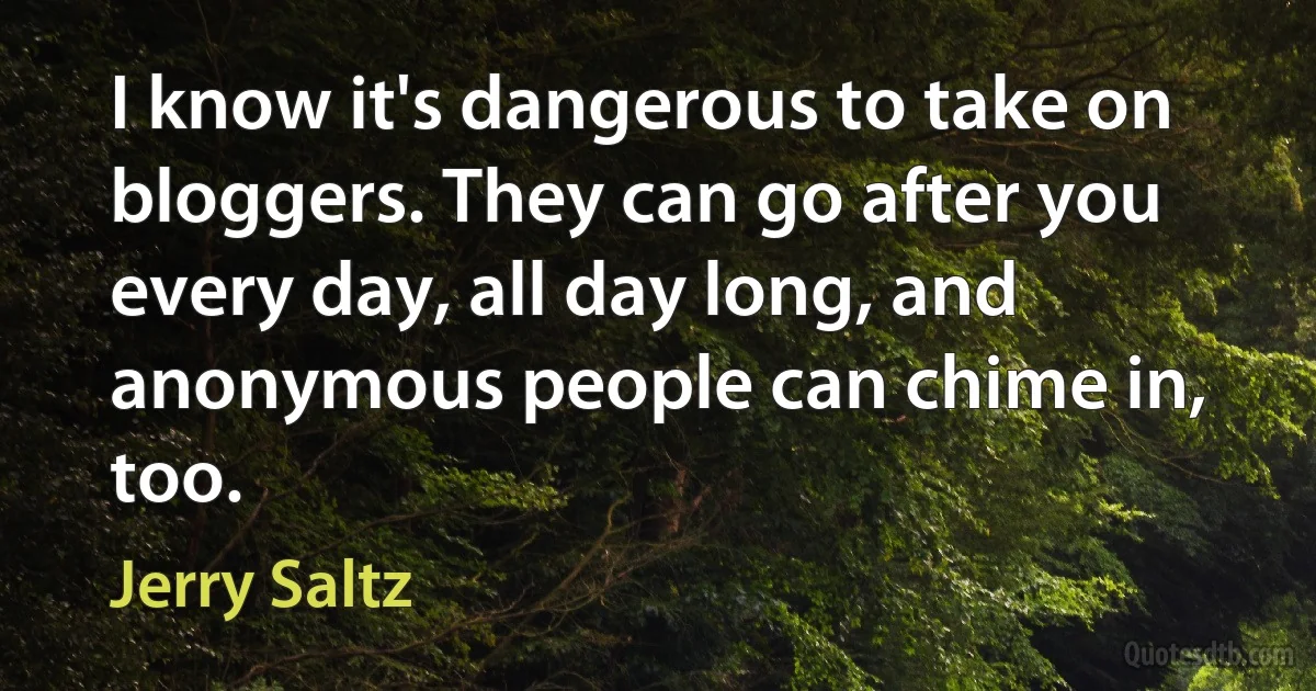 I know it's dangerous to take on bloggers. They can go after you every day, all day long, and anonymous people can chime in, too. (Jerry Saltz)