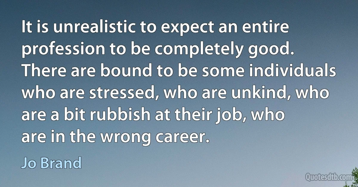 It is unrealistic to expect an entire profession to be completely good. There are bound to be some individuals who are stressed, who are unkind, who are a bit rubbish at their job, who are in the wrong career. (Jo Brand)