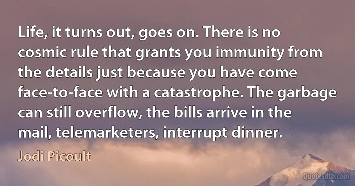 Life, it turns out, goes on. There is no cosmic rule that grants you immunity from the details just because you have come face-to-face with a catastrophe. The garbage can still overflow, the bills arrive in the mail, telemarketers, interrupt dinner. (Jodi Picoult)