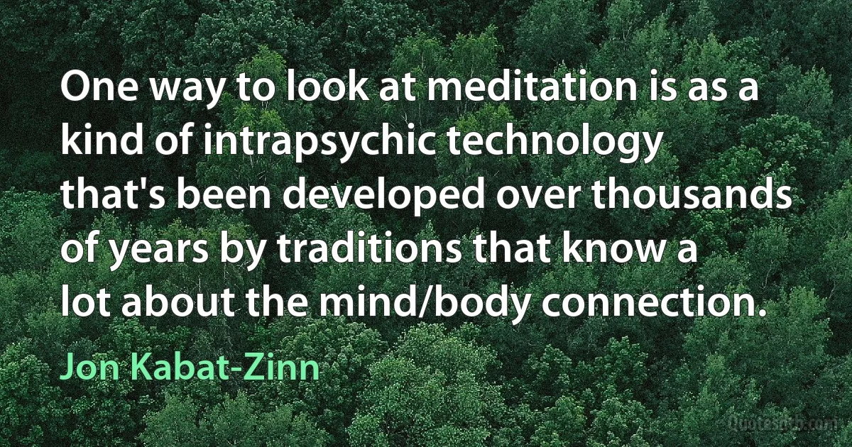 One way to look at meditation is as a kind of intrapsychic technology that's been developed over thousands of years by traditions that know a lot about the mind/body connection. (Jon Kabat-Zinn)