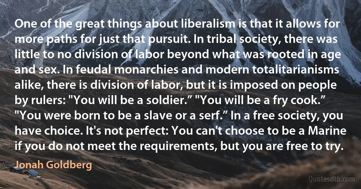 One of the great things about liberalism is that it allows for more paths for just that pursuit. In tribal society, there was little to no division of labor beyond what was rooted in age and sex. In feudal monarchies and modern totalitarianisms alike, there is division of labor, but it is imposed on people by rulers: "You will be a soldier.” "You will be a fry cook.” "You were born to be a slave or a serf.” In a free society, you have choice. It's not perfect: You can't choose to be a Marine if you do not meet the requirements, but you are free to try. (Jonah Goldberg)