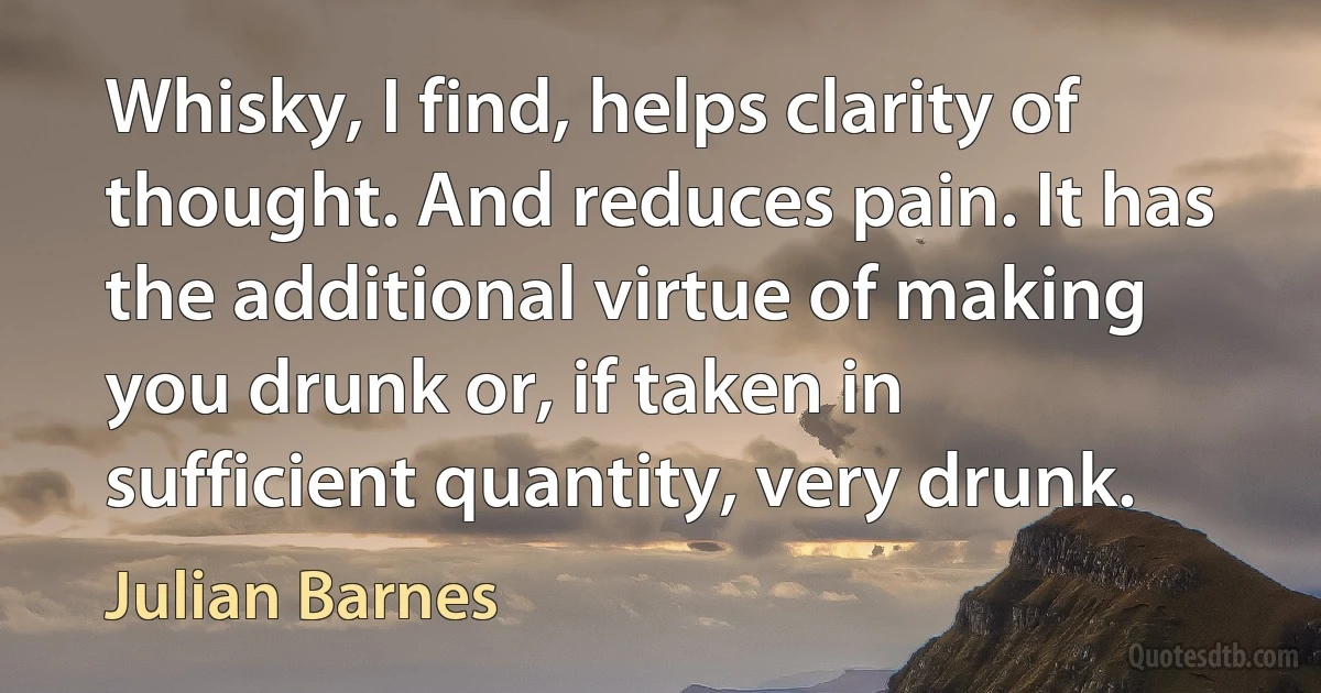 Whisky, I find, helps clarity of thought. And reduces pain. It has the additional virtue of making you drunk or, if taken in sufficient quantity, very drunk. (Julian Barnes)