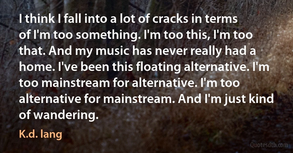 I think I fall into a lot of cracks in terms of I'm too something. I'm too this, I'm too that. And my music has never really had a home. I've been this floating alternative. I'm too mainstream for alternative. I'm too alternative for mainstream. And I'm just kind of wandering. (K.d. lang)