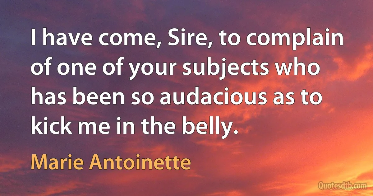 I have come, Sire, to complain of one of your subjects who has been so audacious as to kick me in the belly. (Marie Antoinette)