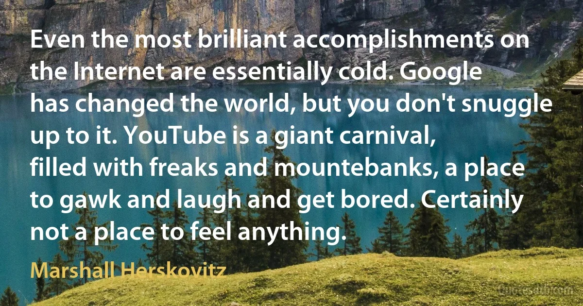 Even the most brilliant accomplishments on the Internet are essentially cold. Google has changed the world, but you don't snuggle up to it. YouTube is a giant carnival, filled with freaks and mountebanks, a place to gawk and laugh and get bored. Certainly not a place to feel anything. (Marshall Herskovitz)