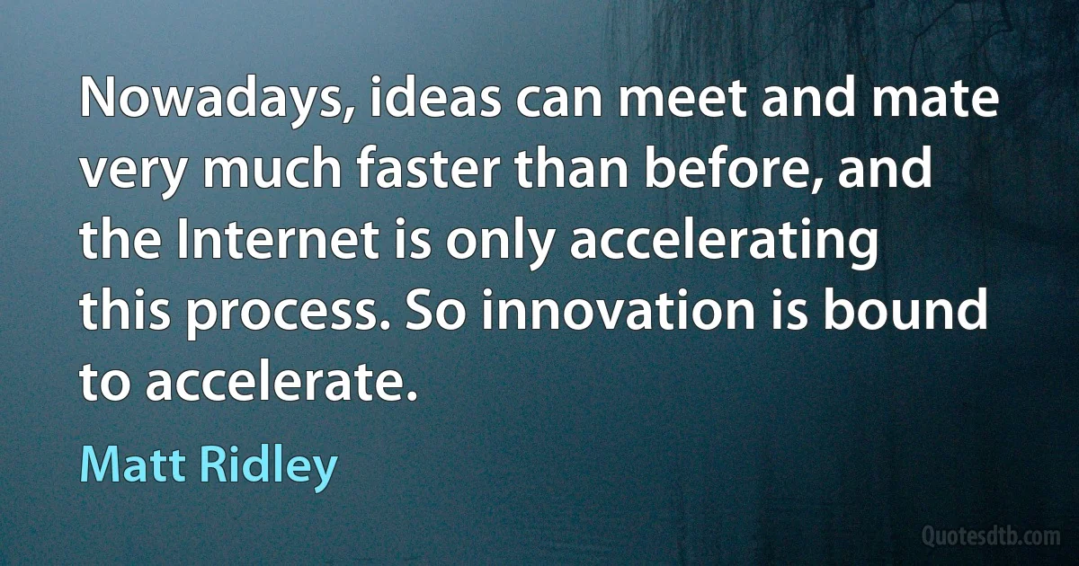 Nowadays, ideas can meet and mate very much faster than before, and the Internet is only accelerating this process. So innovation is bound to accelerate. (Matt Ridley)