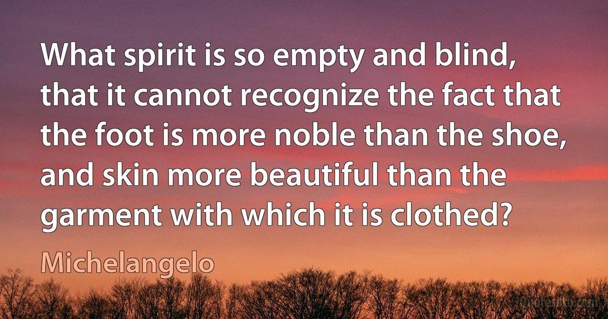 What spirit is so empty and blind, that it cannot recognize the fact that the foot is more noble than the shoe, and skin more beautiful than the garment with which it is clothed? (Michelangelo)